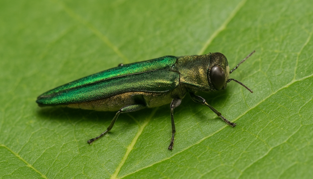 emerald ash borer on a tree leaf