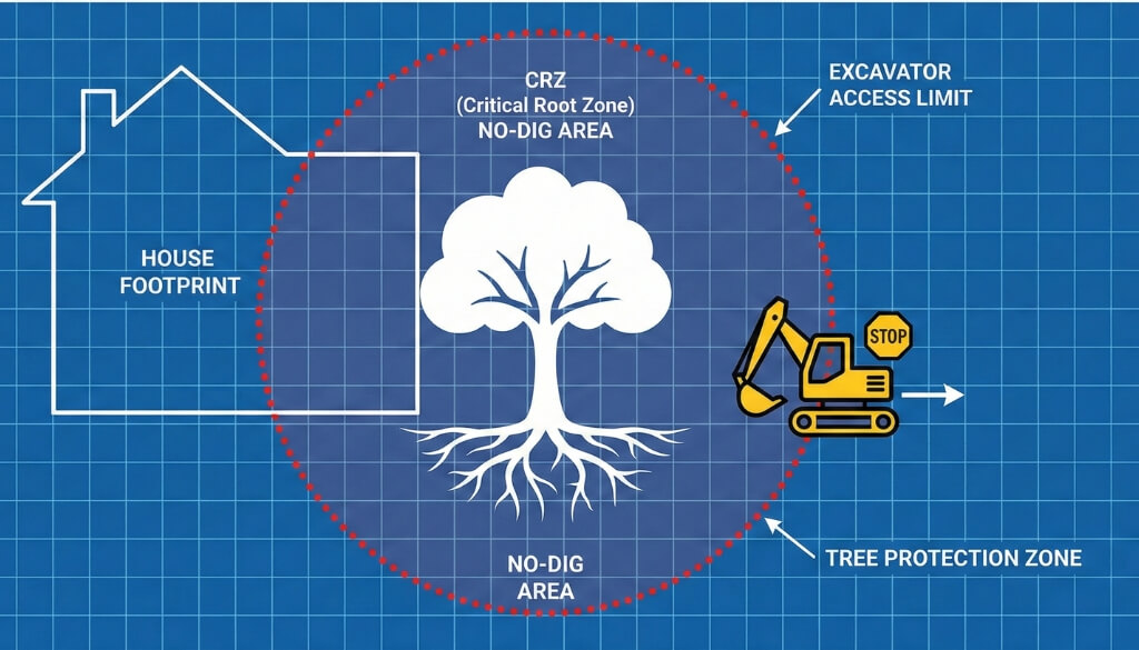 critical root zone construction blueprint the protected tree root radius to avoid excavation damage.