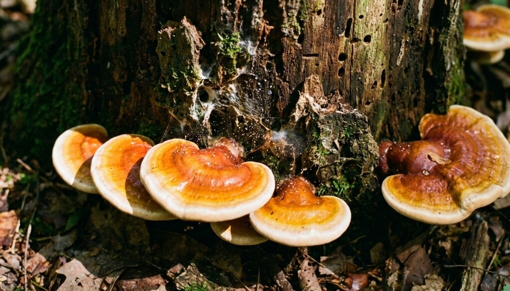 Ganoderma mushrooms growing at the base of a tree trunk indicating severe root rot.