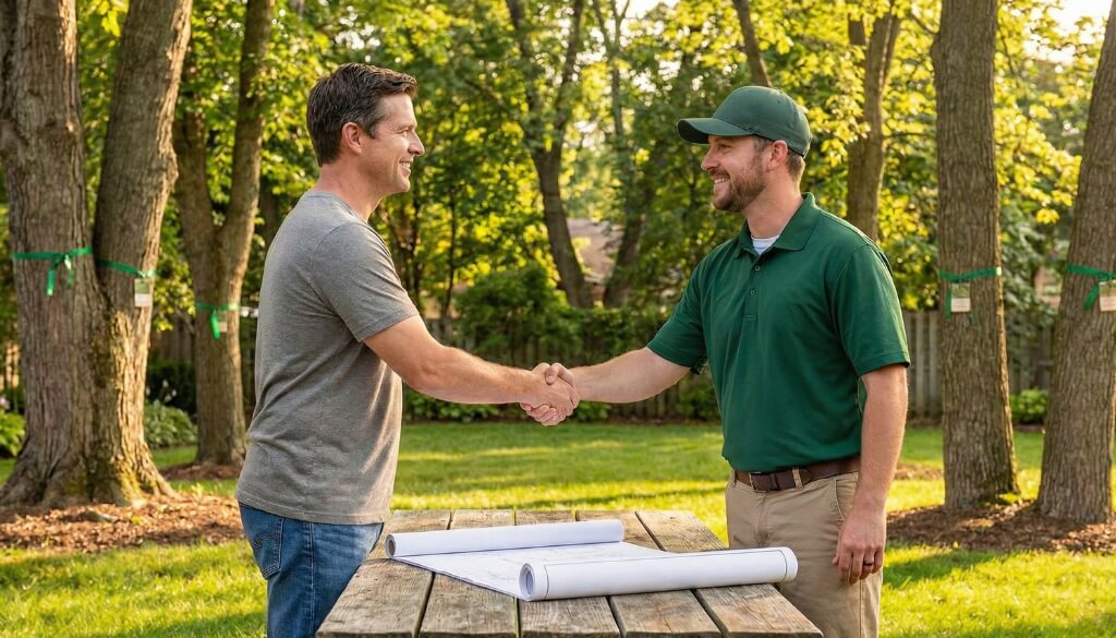 pre construction arborist consultation ny arborist consulting with a homeowner on tree permits and preservation before building.