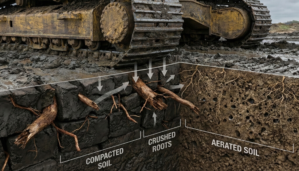 soil compaction heavy machinery damage Heavy construction machinery causing soil compaction and suffocating tree roots during home renovation.