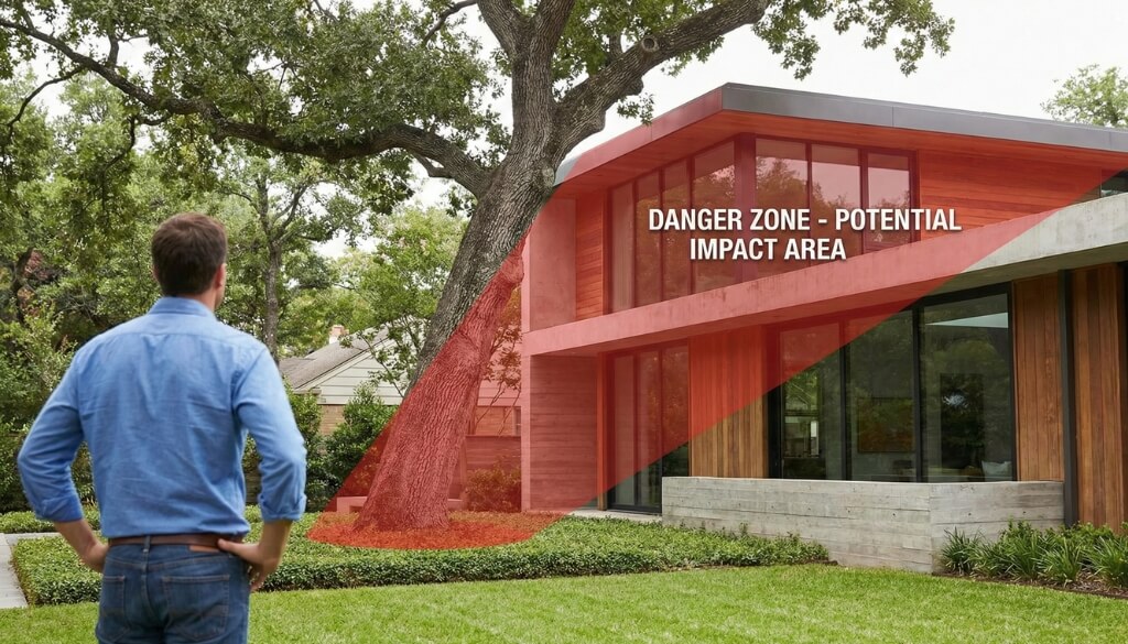Assessing a hazardous tree positioned to fall on a residential roof during a storm.