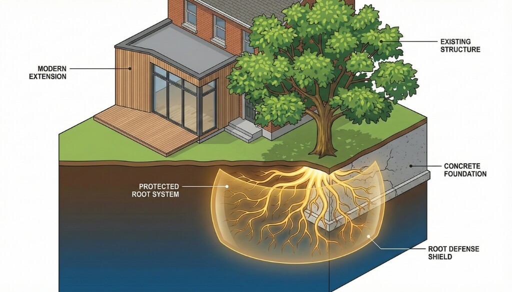 tree root zone foundation protection showing the Critical Root Zone (CRZ) and how to protect tree roots near a new house foundation.