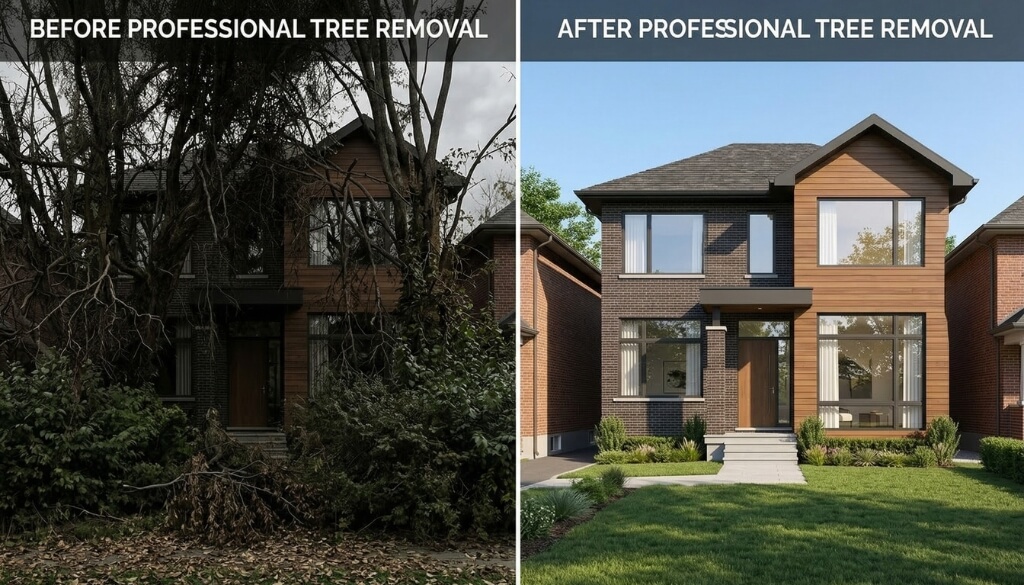 Before and after comparison of home curb appeal after removing hazardous trees.