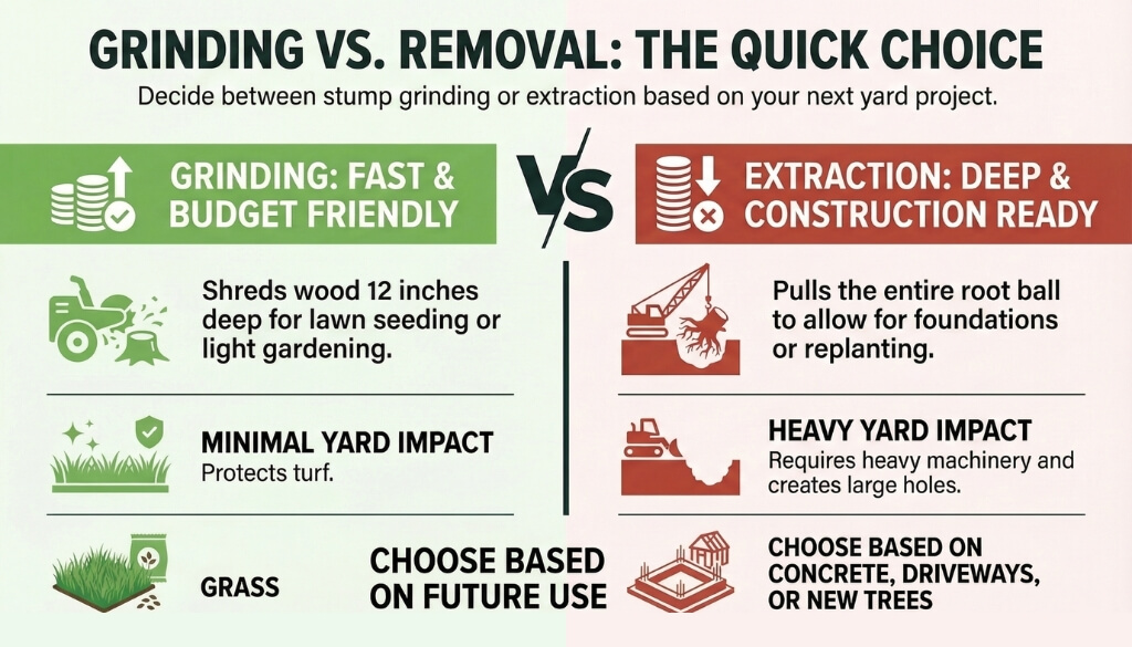 Stump Grinding vs Stump Removal to help you choose the best extraction method for your yard projects.