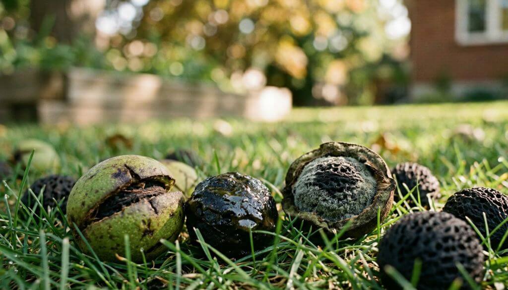 Fallen black walnuts on the grass, representing a dangerous tree species for animals.