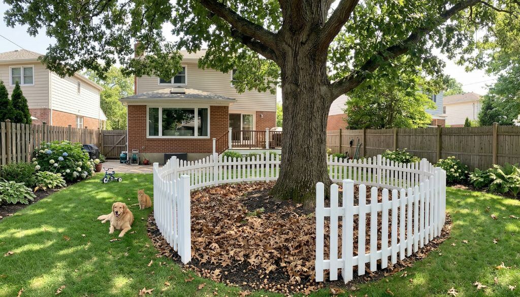 A fence built around an oak tree to protect pets from toxic trees for dogs and cats in NY.