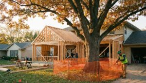 Arborist inspecting protective fencing around a large oak tree during a home addition project to prevent construction damage.