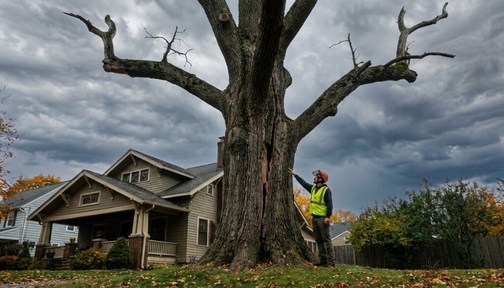 Arborist inspecting a dying tree with dead branches and structural cracks in a New York yard.