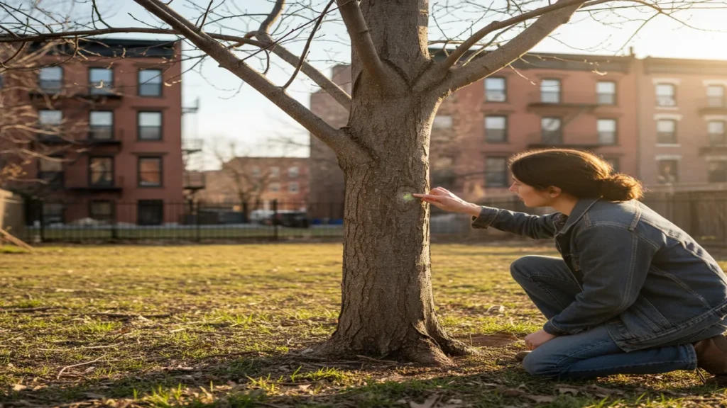 Brooklyn homeowner checking if backyard tree is dead or dormant by scratching bark