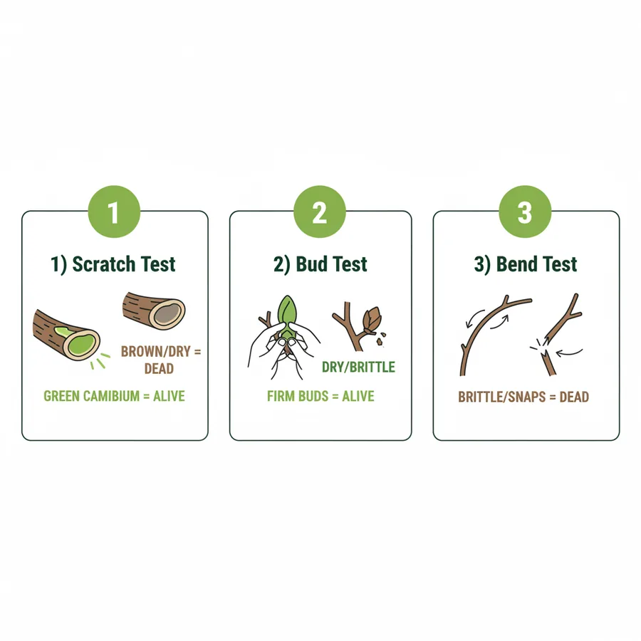 Infographic showing 3 tests to tell if a tree is dead or dormant: scratch test, bud test, bend test