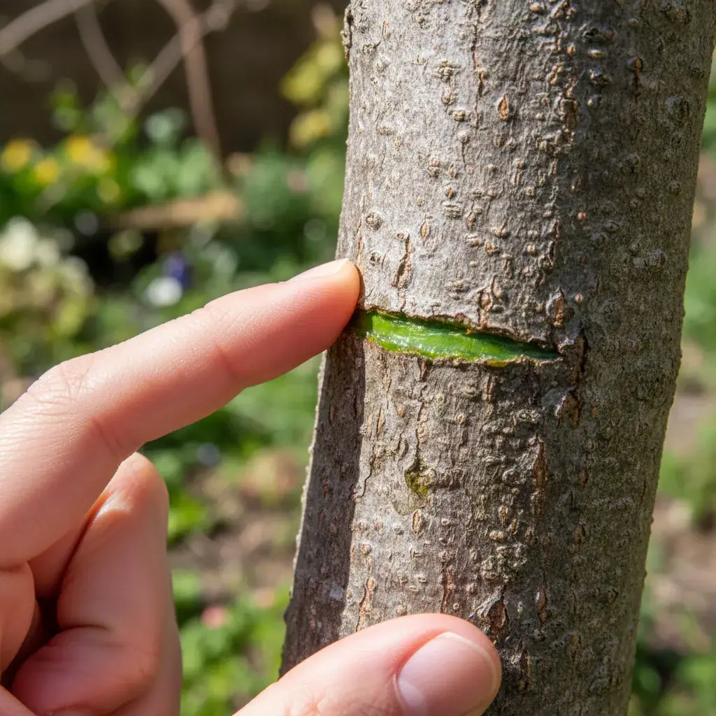 Hand scratching tree bark revealing bright green cambium showing tree is alive