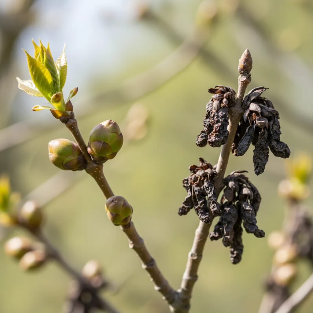 Comparison of healthy dormant tree buds versus dry shriveled dead buds on branches