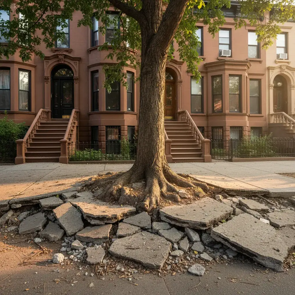 Urban tree roots pushing up cracked sidewalk pavement in Brooklyn showing soil compaction stress