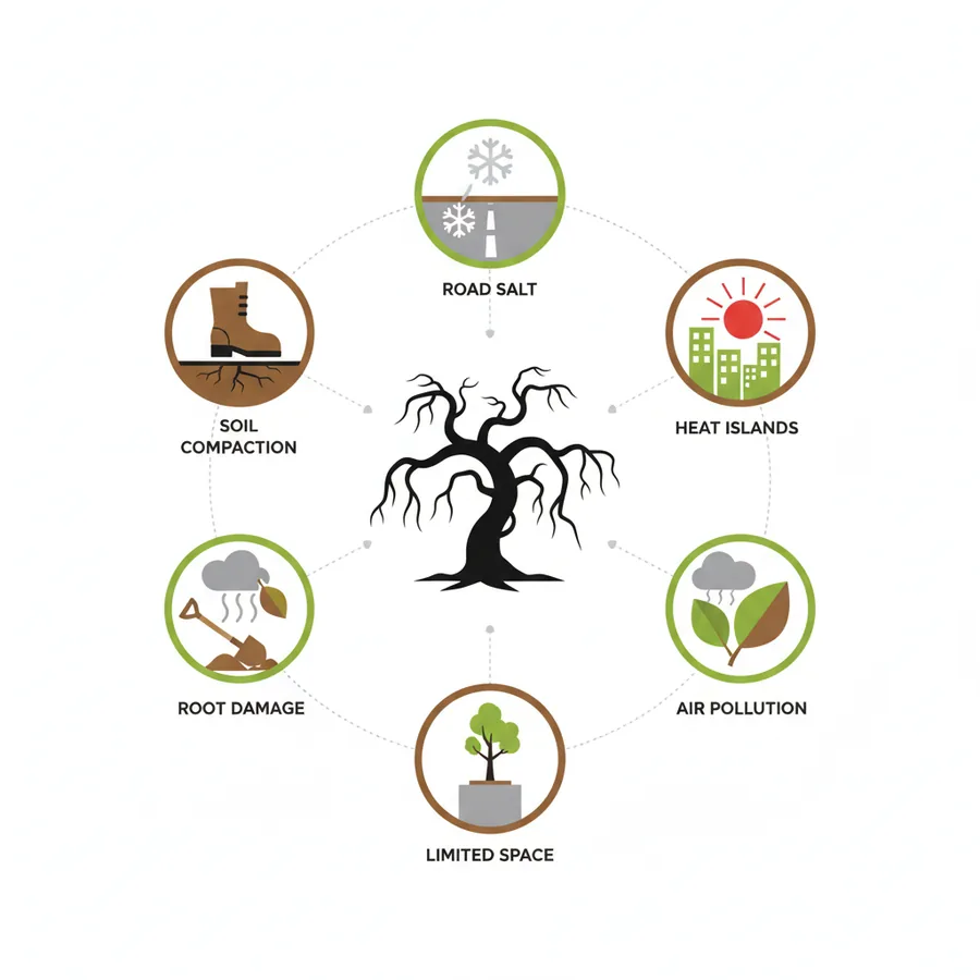 Infographic showing 6 reasons urban trees die faster than rural trees including soil compaction and heat islands