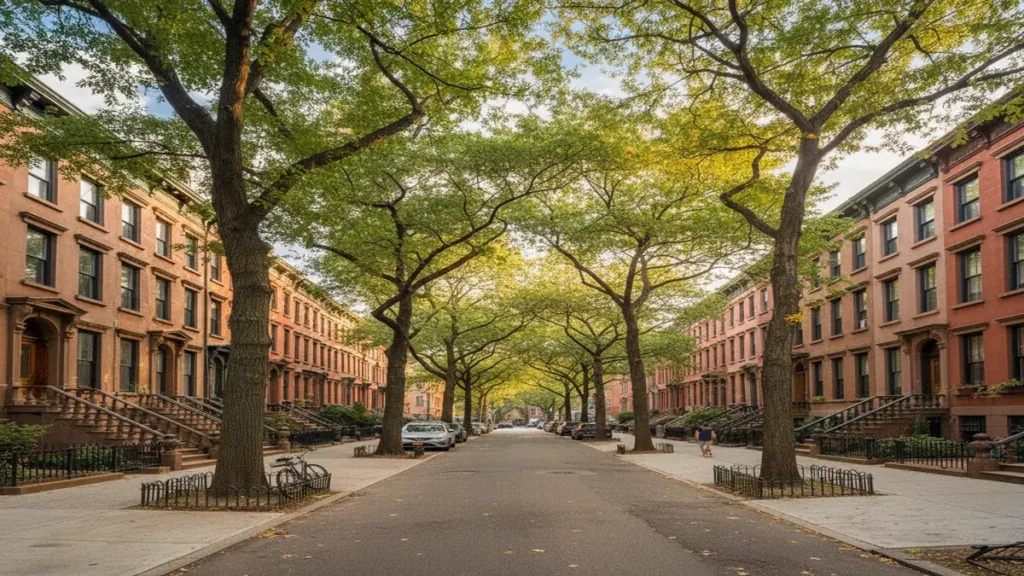Brooklyn street lined with urban trees showing signs of stress in dense city environment