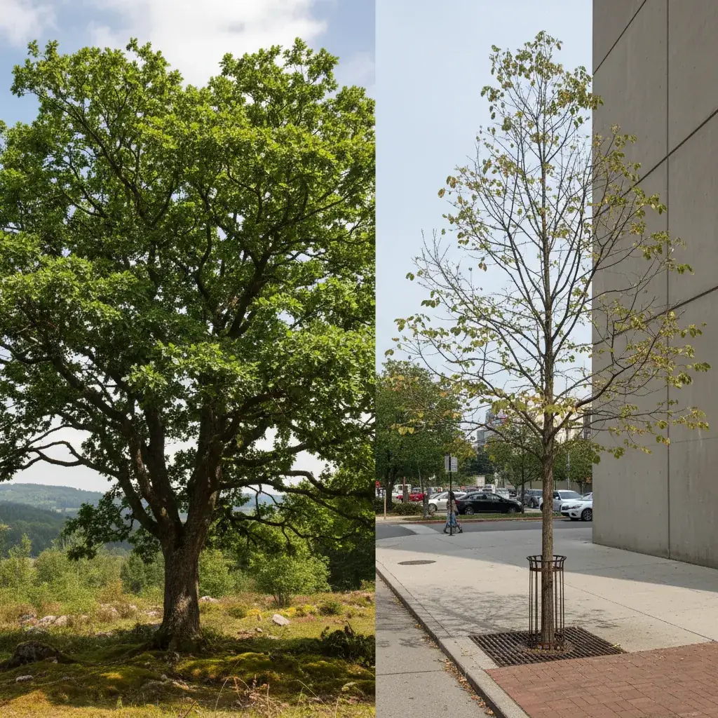 Comparison of healthy rural forest tree with full crown versus stressed urban street tree with sparse leaves