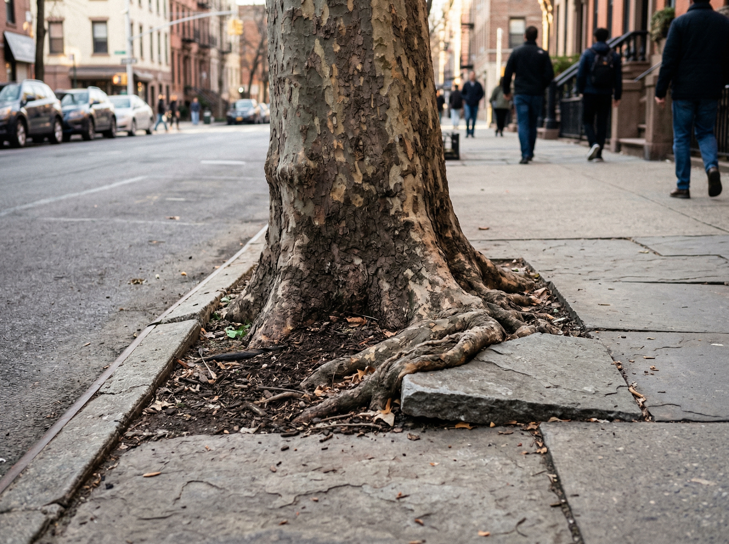 Close-up of a NYC street tree trunk in a sidewalk pit with roots lifting a flagstone slab