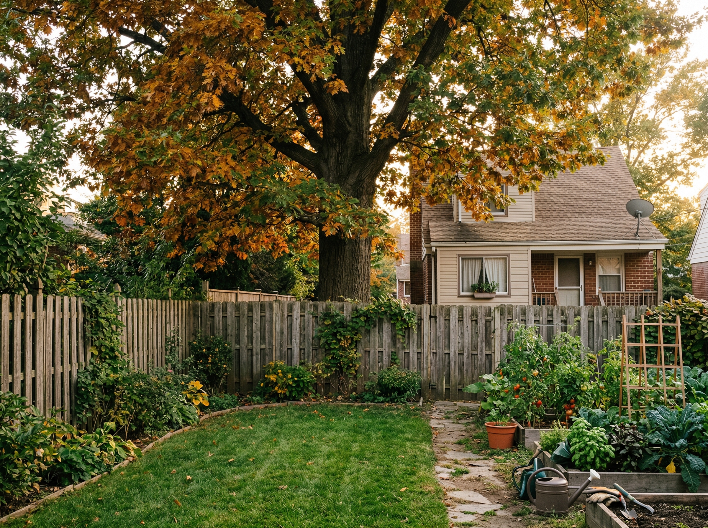 Mature backyard tree behind a wood fence in a Queens residential yard with a detached home