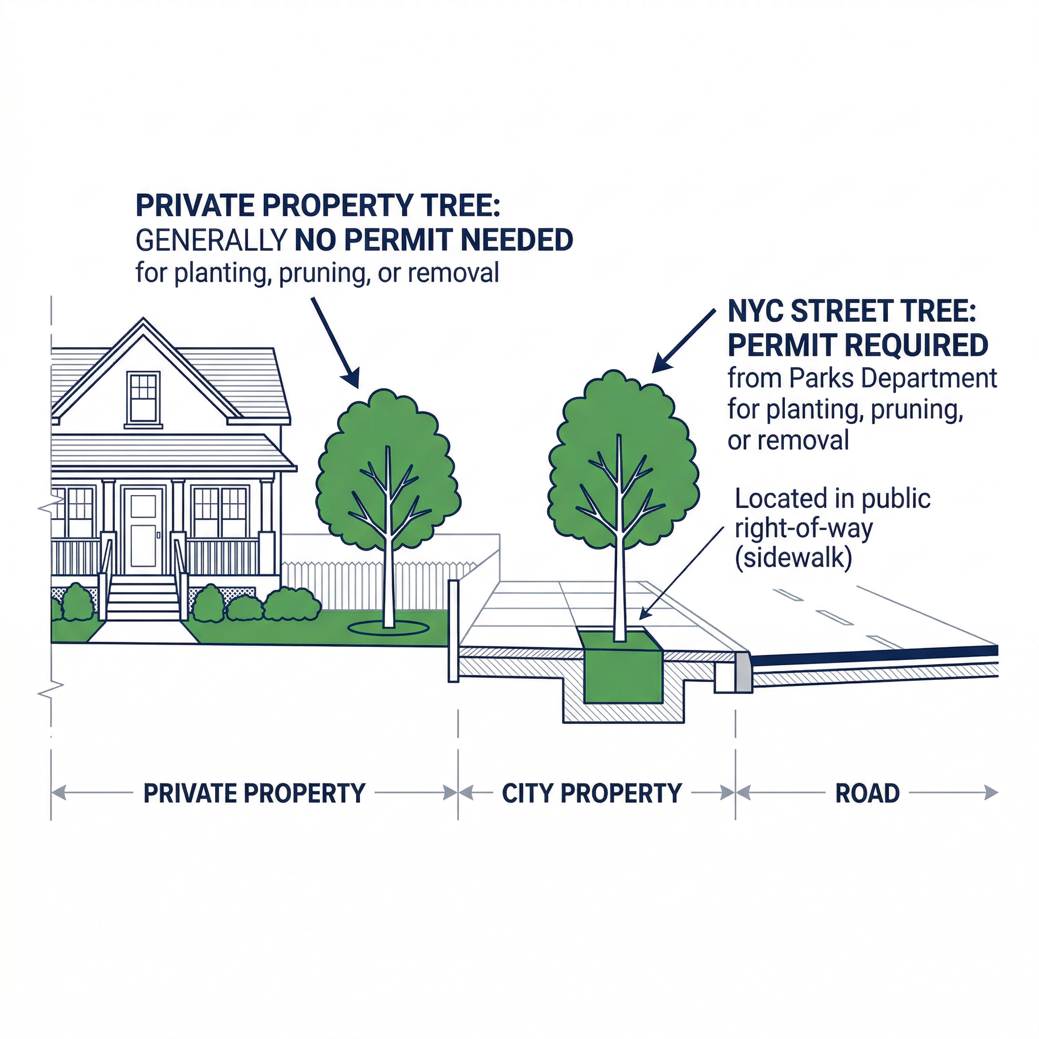 Infographic comparing NYC street tree (city property, permit required) vs private property tree (generally no permit needed)
