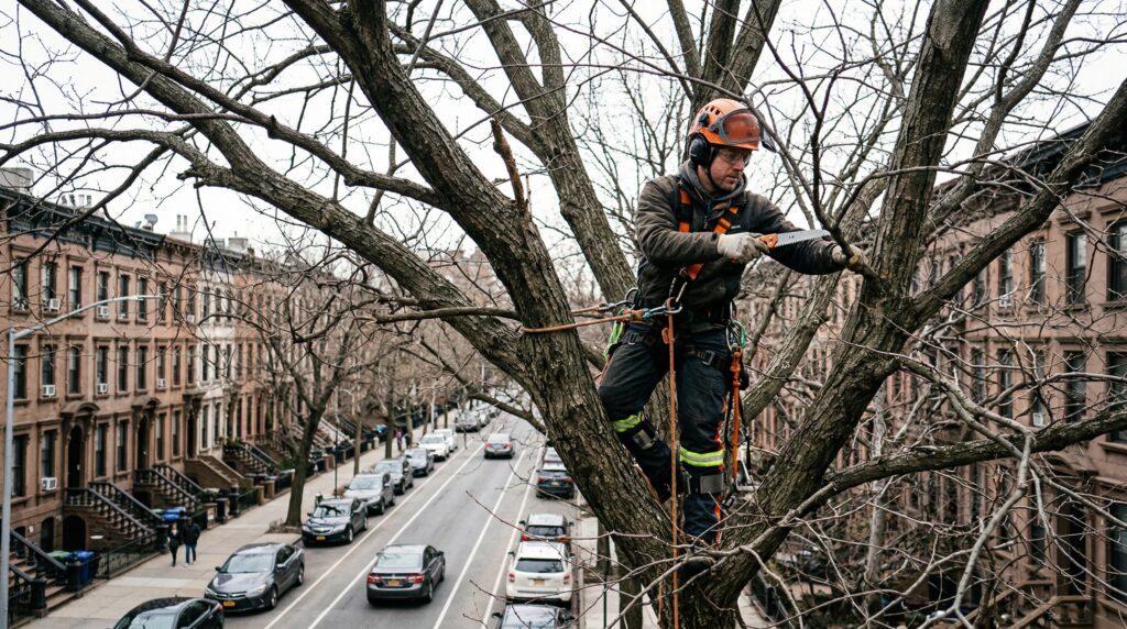 Certified arborist in full PPE pruning a leafless deciduous tree from the canopy on a NYC street in late winter