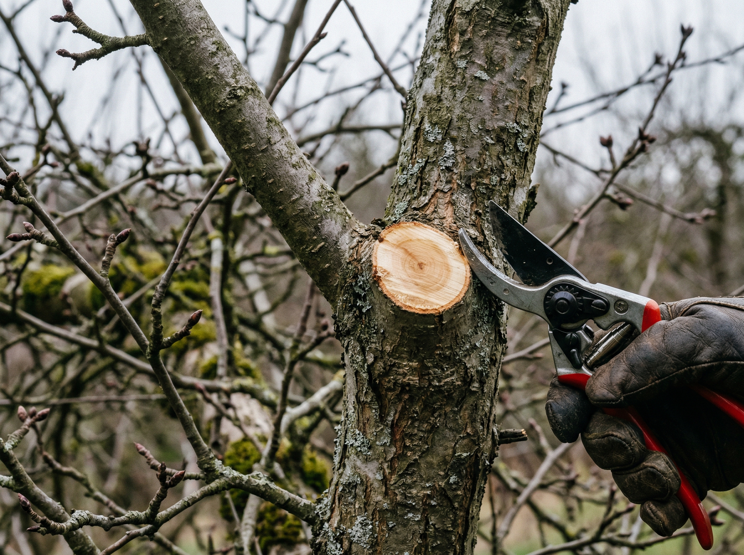 Close-up of a clean pruning cut just outside the branch collar of a deciduous tree in early spring