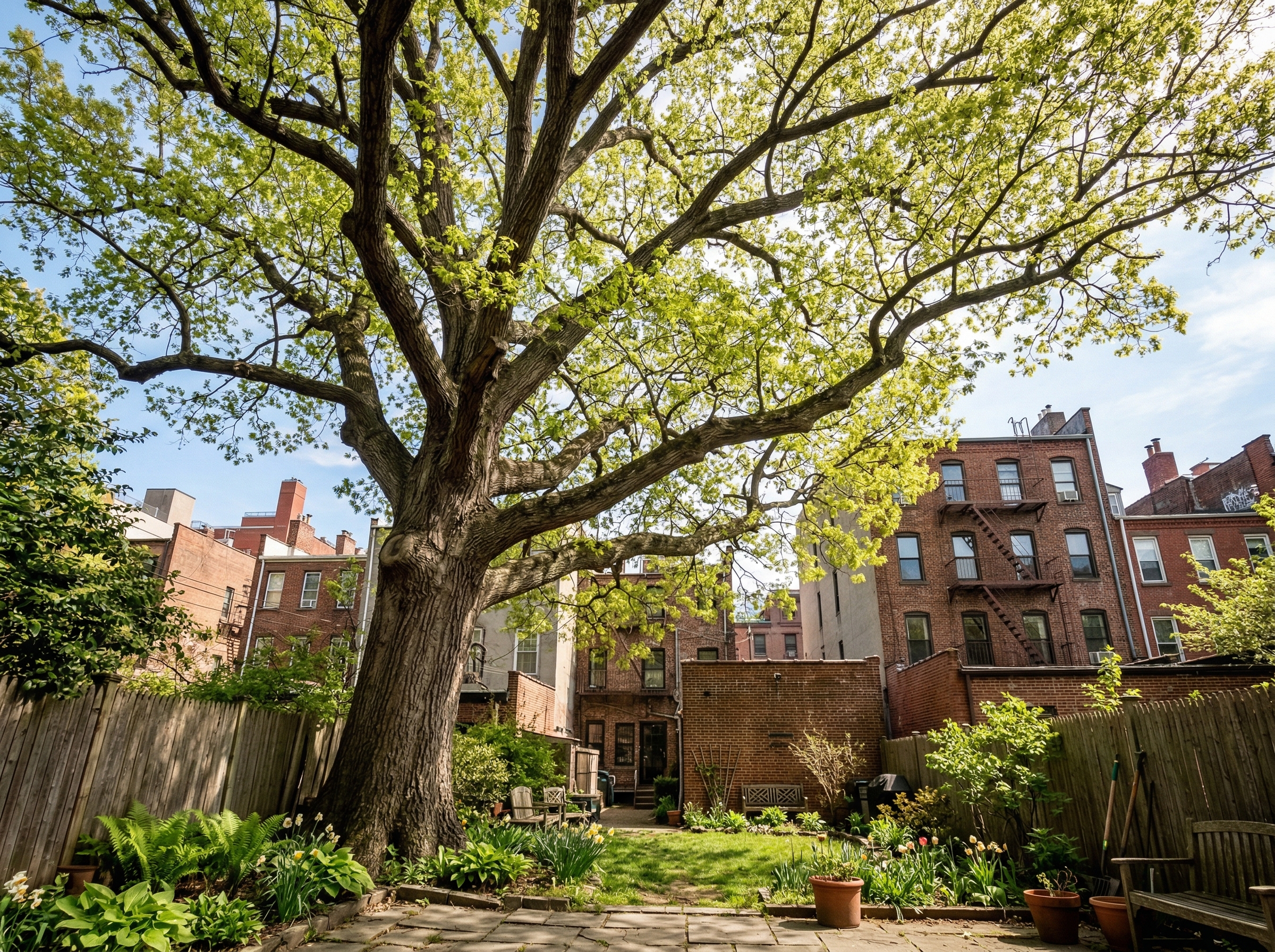 Mature oak tree in a NYC backyard with leafing-out buds in mid-April with sunlight through new leaves