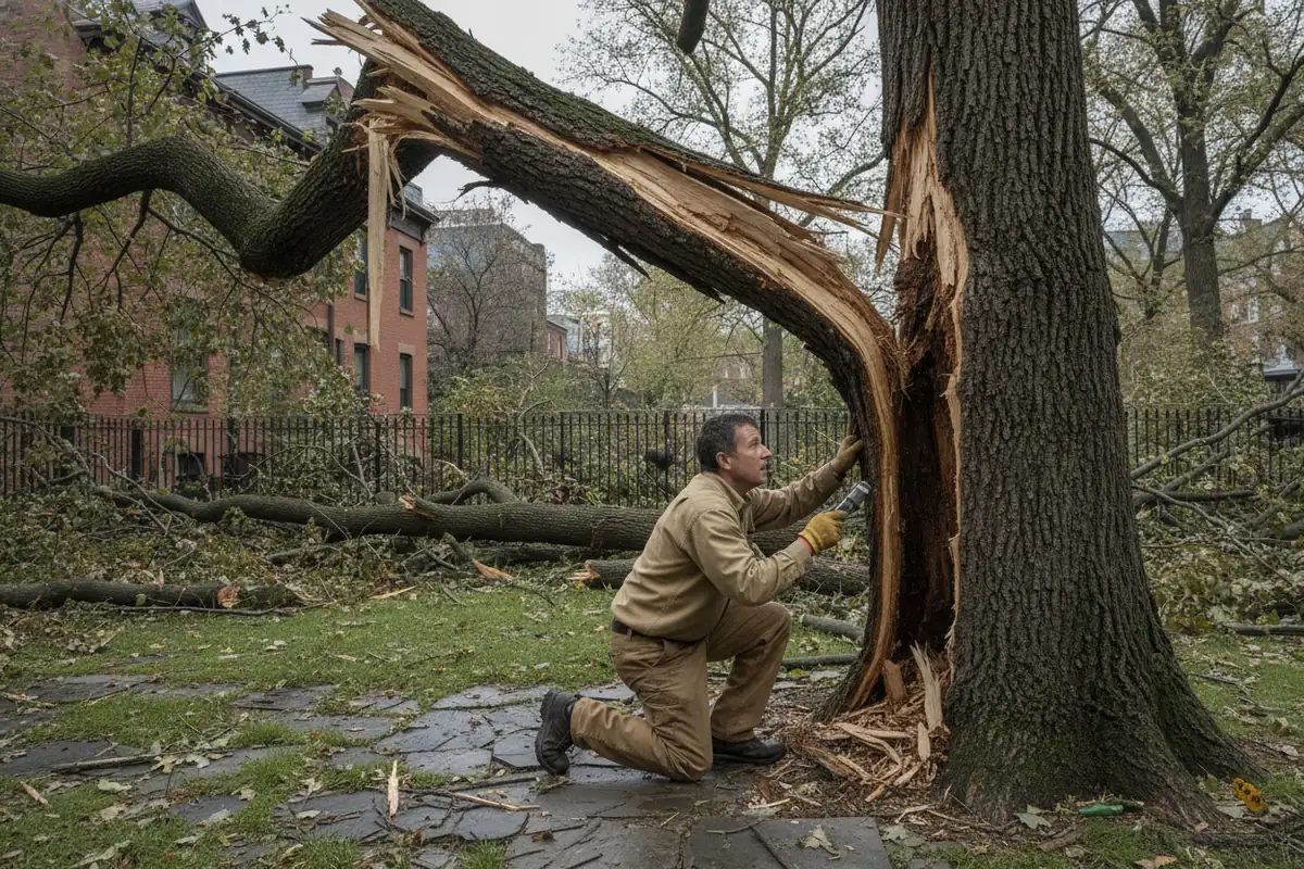 Arborist examining a storm and lightning damaged tree trunk in a city yard