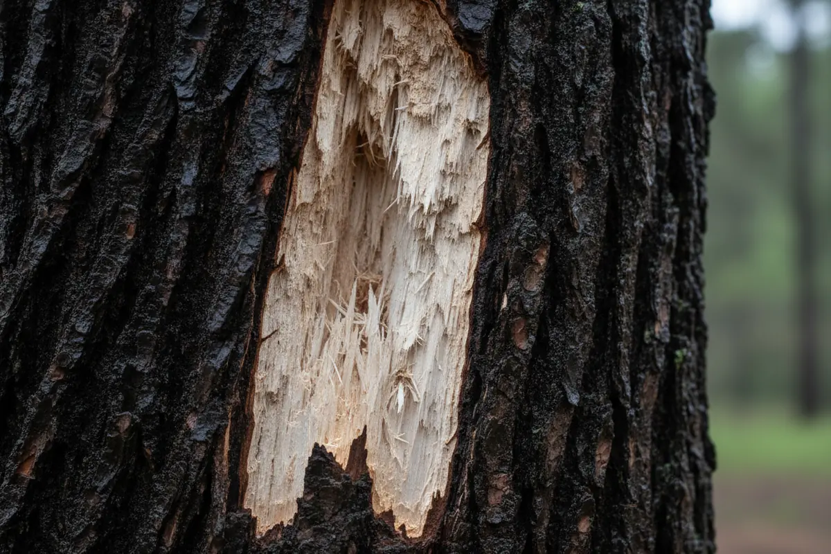 Close up of a long lightning scar and torn bark spiraling down a tree trunk