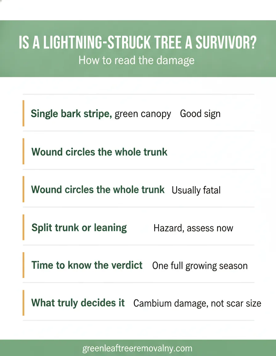 Reading lightning damage on a tree: good signs, warning signs, and what decides survival