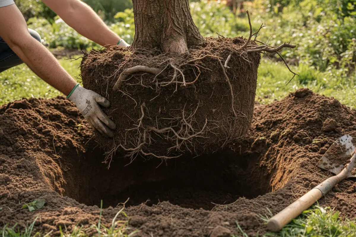 A tree root ball being set into a wide shallow planting hole
