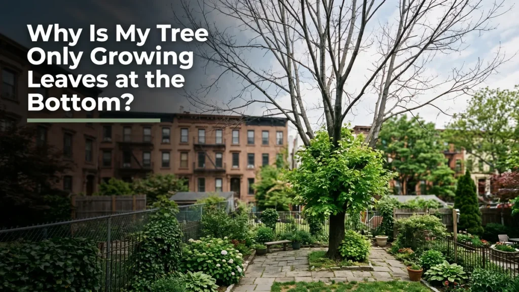 Why is my tree only growing leaves at the bottom, a maple with green only on the lower trunk and a bare top