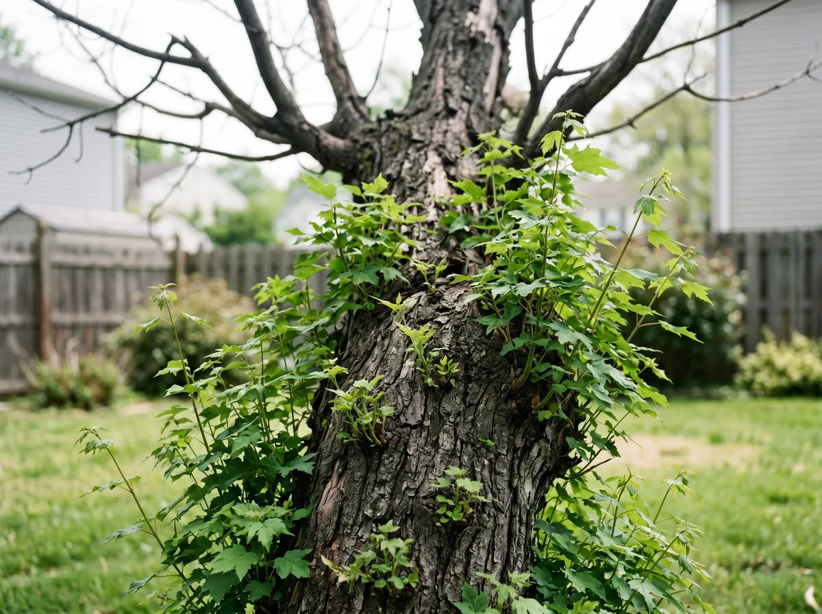 A maple tree in a New York yard with green leaves only on the lower trunk and a bare upper canopy