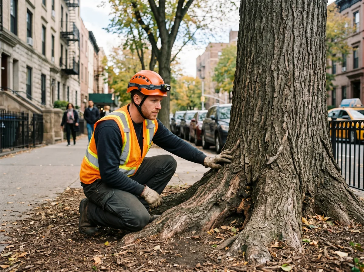 A certified arborist examining the trunk and root flare of a stressed tree in a New York City neighborhood