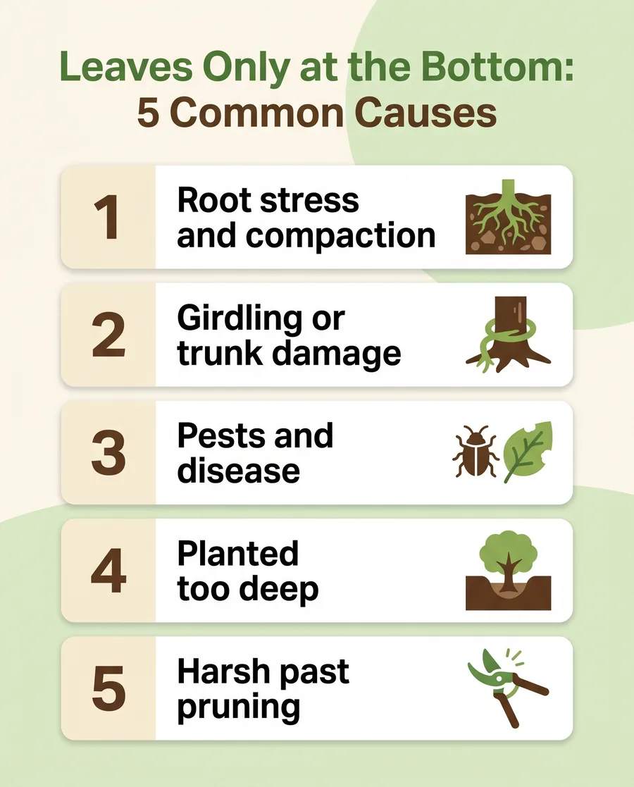 Infographic showing five common reasons a tree grows leaves only at the bottom and what to check for each