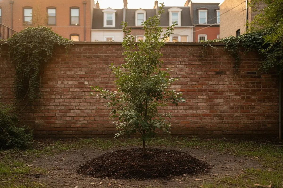 A young newly planted tree sapling staked in a small city backyard