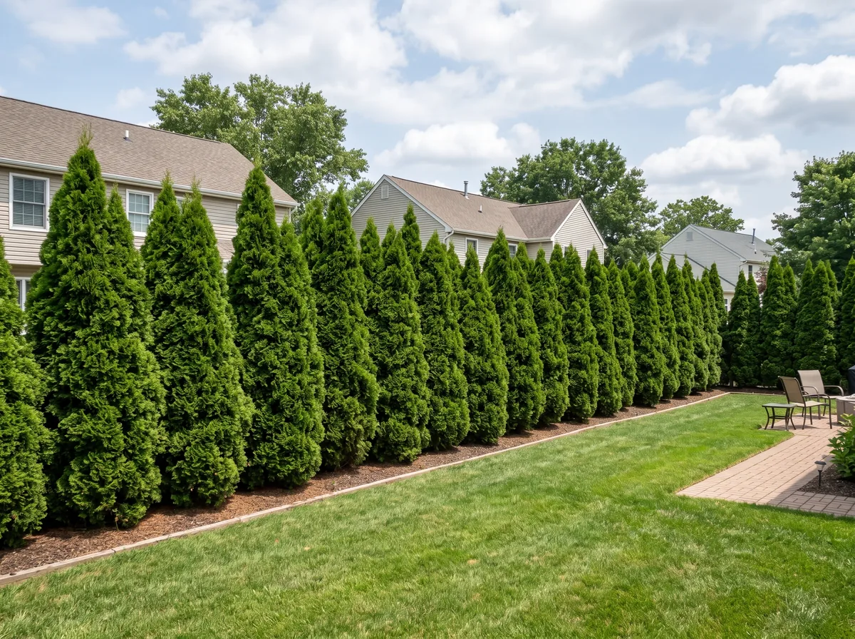 Row of tall arborvitae evergreens forming a solid green privacy wall along a yard
