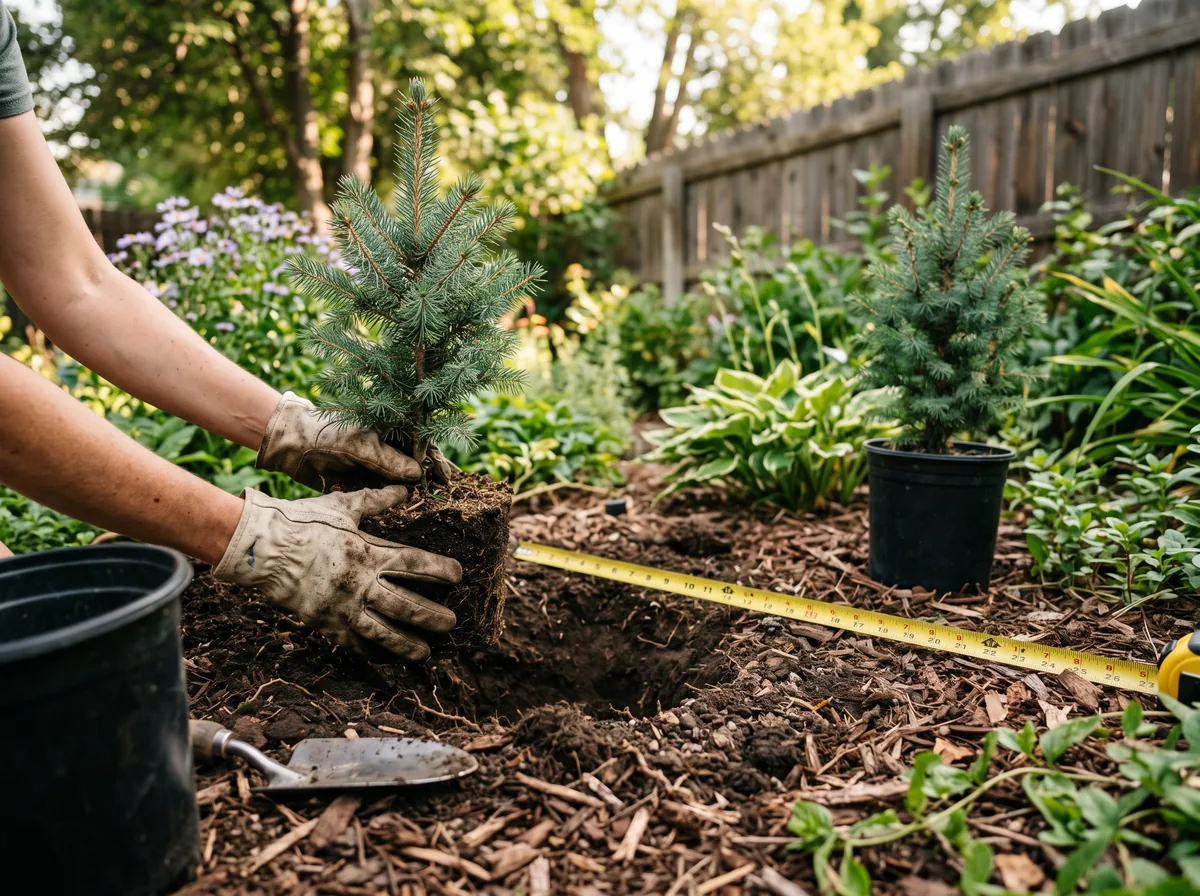 Planting a young evergreen sapling with a measuring tape marking spacing for a screen