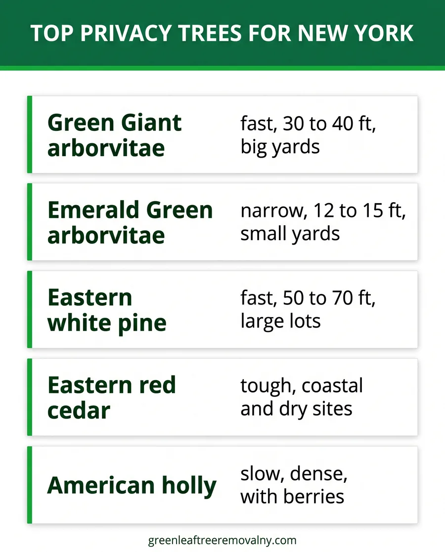 Card guide to the top privacy trees for New York City, with growth rate and mature size for each