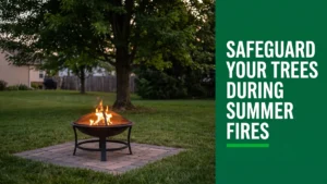 Backyard fire pit burning at a safe distance from a large shade tree at dusk