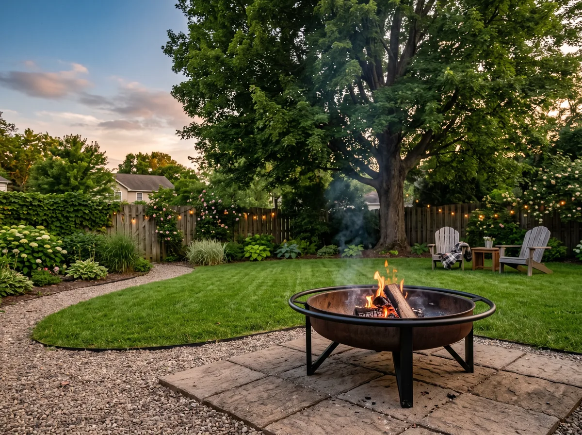 Fire pit on a paver base set well clear of a mature backyard tree