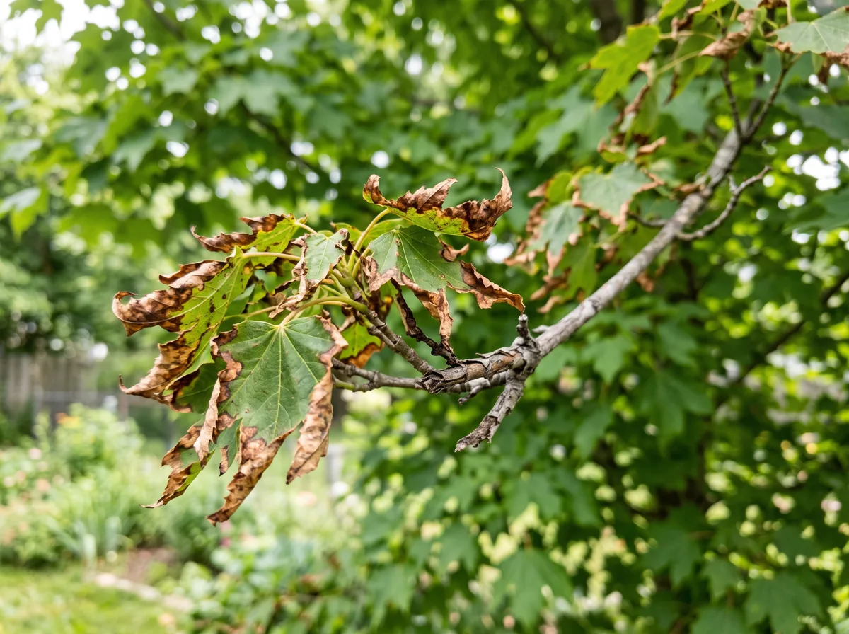 Browned, scorched leaves on one side of a branch showing heat damage