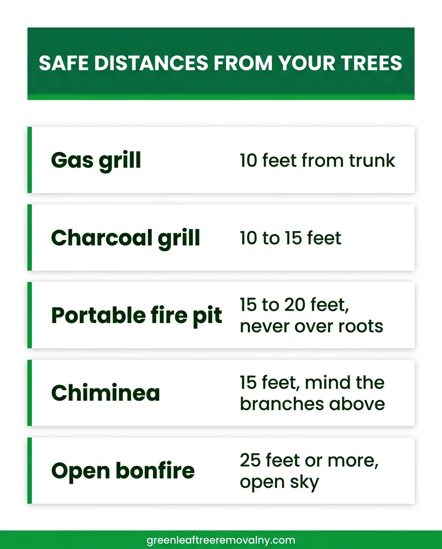 Card guide to safe distances between trees and grills, fire pits, chimineas, and bonfires