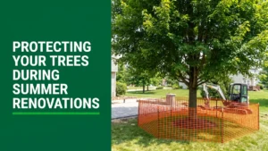 Backyard shade tree fenced off with protection fencing during a summer patio renovation