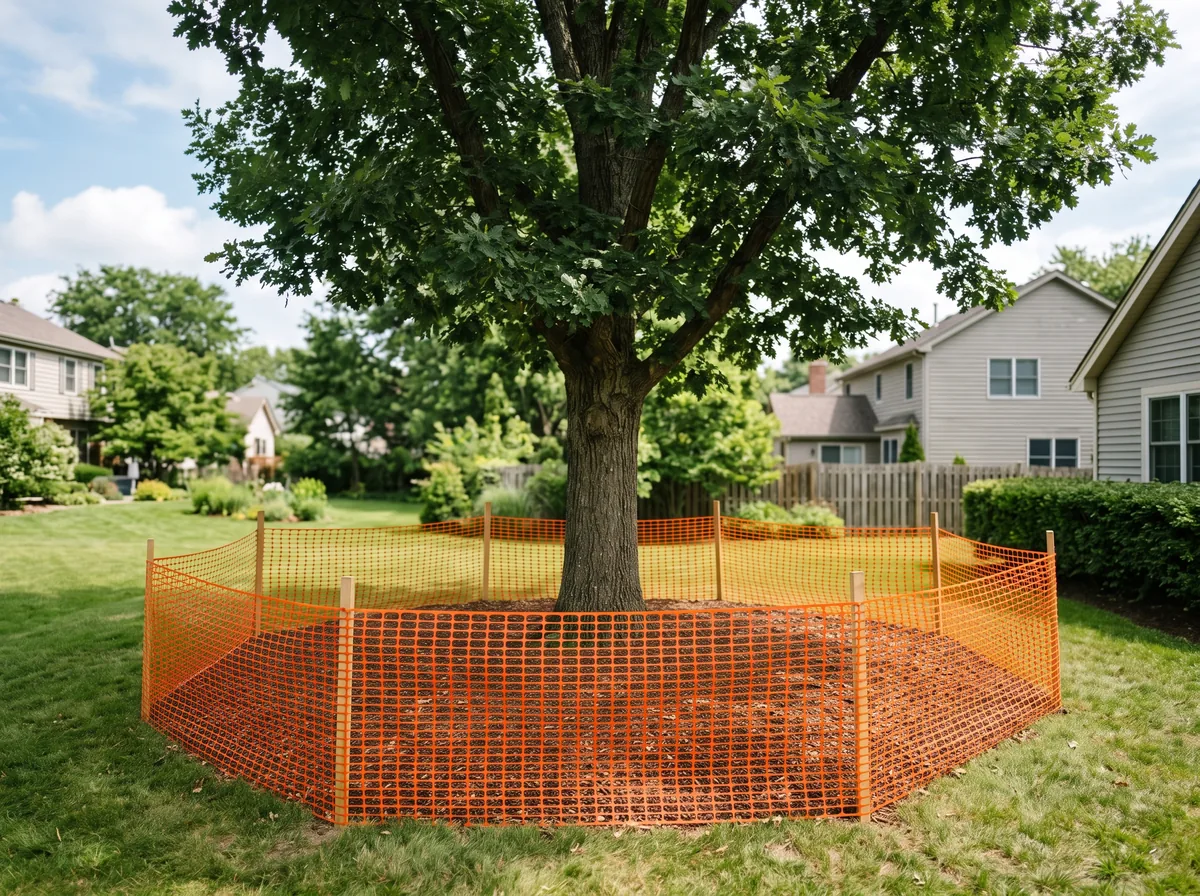 Protection fencing and mulch ringing a mature tree to shield its roots during a build