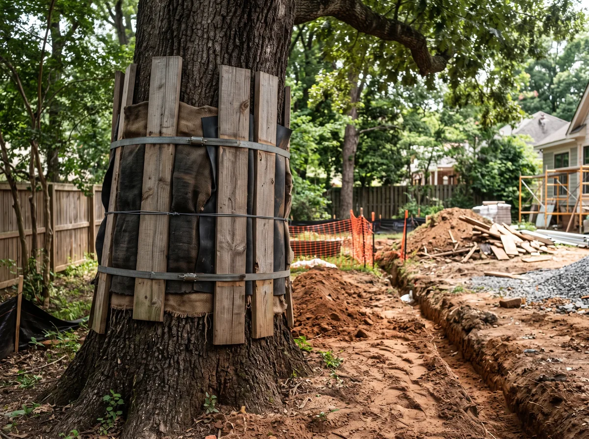 Tree trunk padded with planks to prevent bark wounds during nearby renovation work