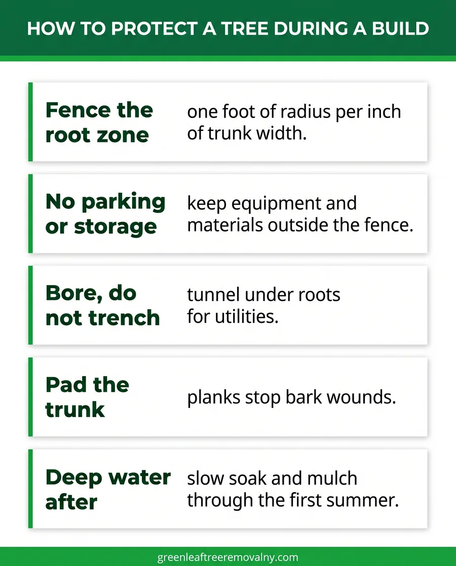 Five-step card guide to protecting a tree during construction, from fencing roots to deep watering