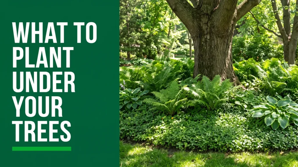 Lush shade garden of ferns and hostas planted under a large mature tree