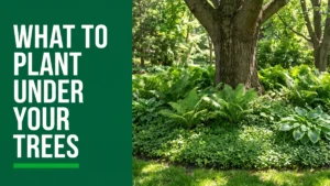 Lush shade garden of ferns and hostas planted under a large mature tree