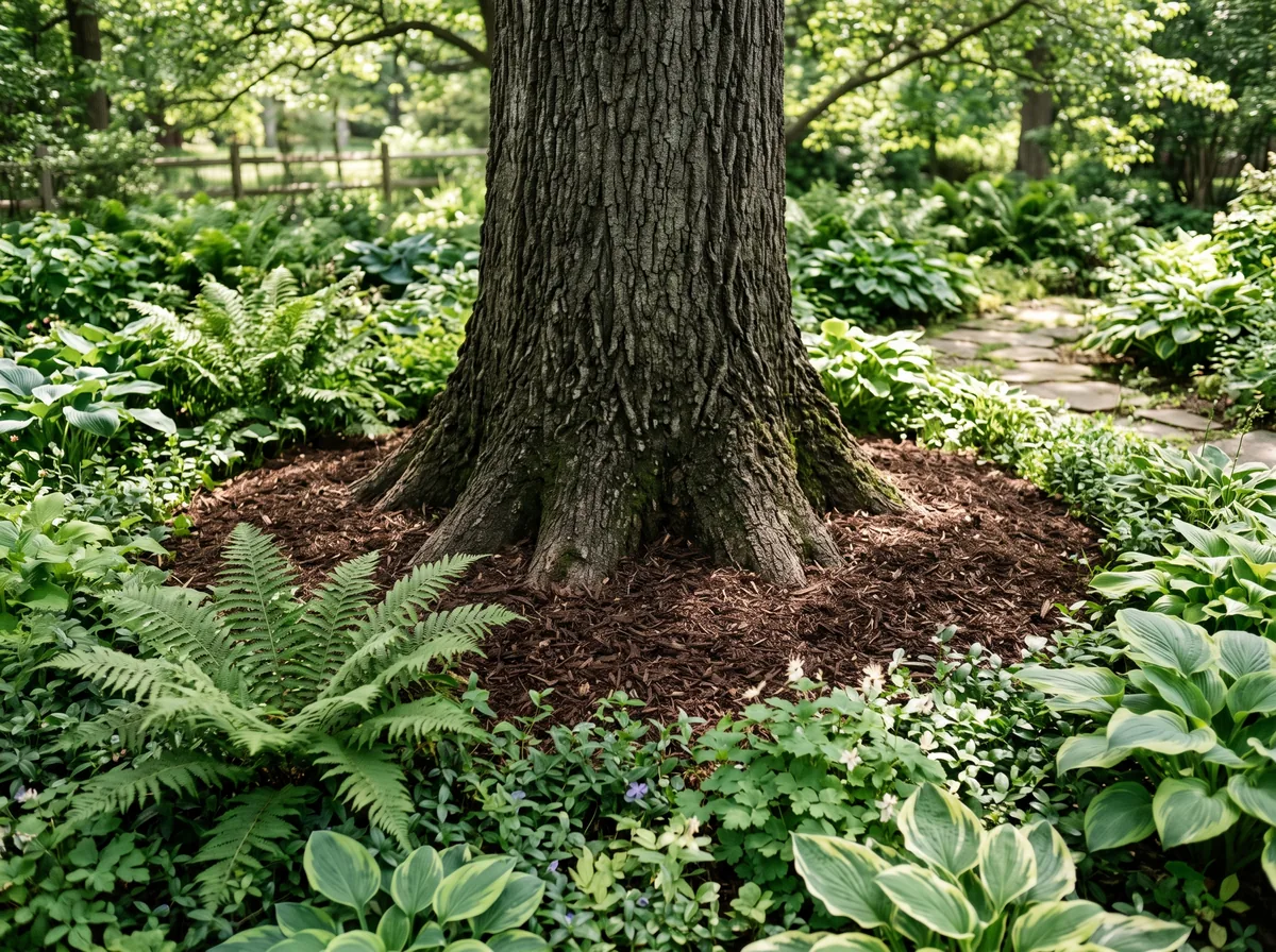 Ferns, hostas, and groundcover thriving in the shade at the base of a tree